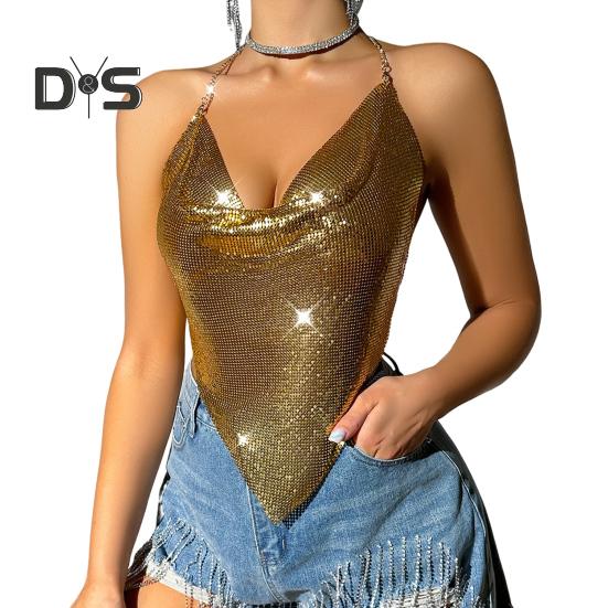 Women Sequin Sling Tops Halter Sleeveless Backless Short Vest with Metal Chain Laces And Swing Collar Sexy Camisole