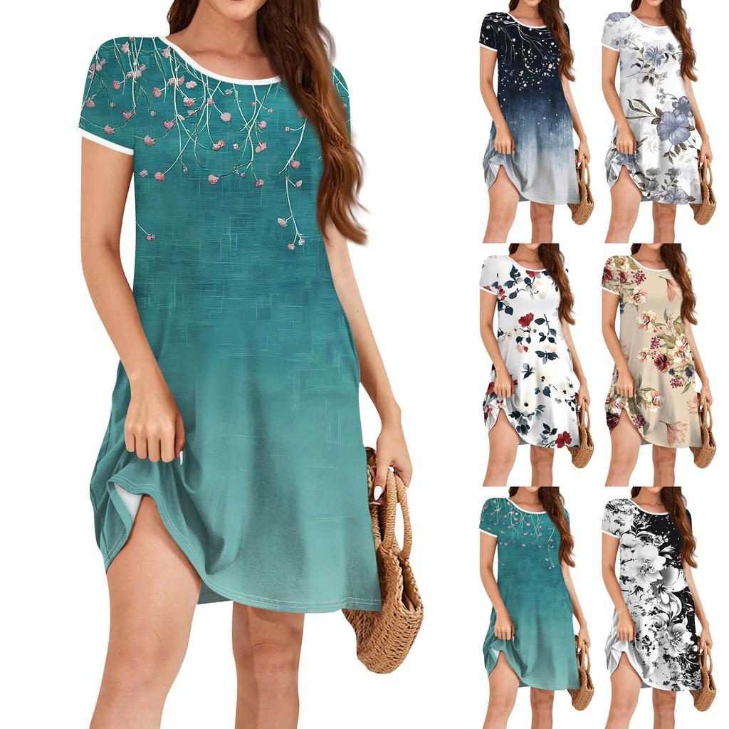Damenmode Lässiges Kleid mit Blumendruck Rundhalsausschnitt Kurze Ärmel Minirock