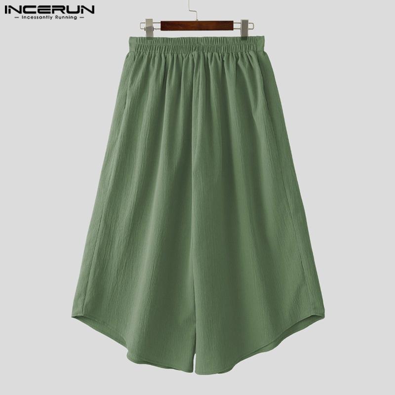 INCERUN  Vintage Men Drawstring Elastic Waist Solid Color Texture Irregular Cropped Loose Pants