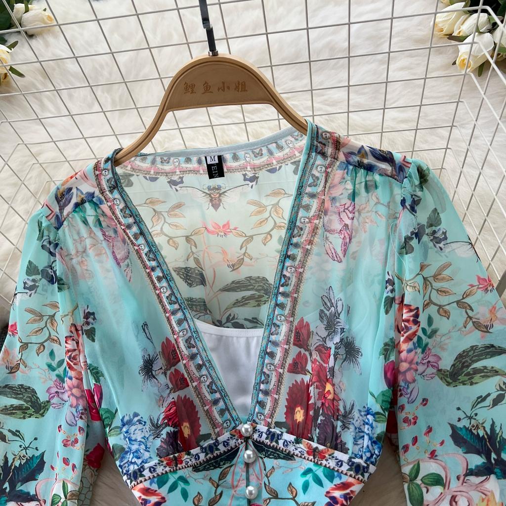 Spring Summer Bohemain Long Dress Women's V-Neck Flare Sleeve Floral Print Single Breasted High Waist A-Line Chiffon Vestidos