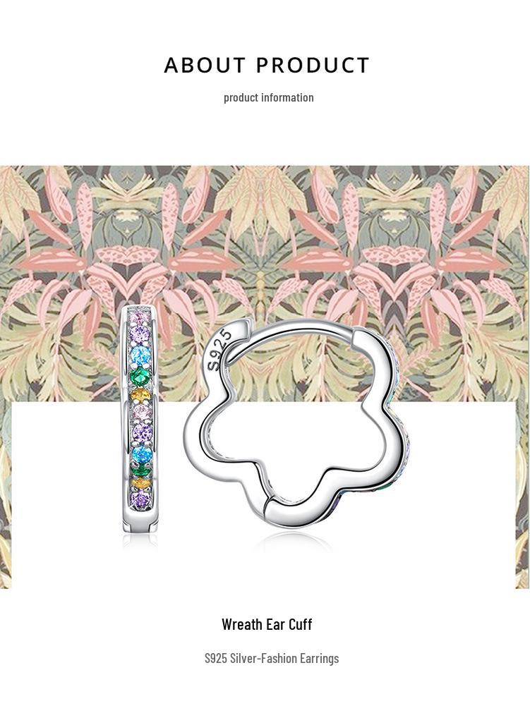 Avle Sterling Silver S925 Platinum-Plated Wreath Earrings with Colored Zircon Hollow Flowers, Model BSE612.