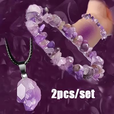 Heilkristall-Amethyst-Halsketten- und Armband-Set – Energieschmuck aus natürlichem Edelstein für Männer und Frauen – perfektes Geschenk für Paare – 2 Stück/Set