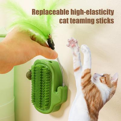 3-in-1 Katze Selbstpfleger Bürste Wand Ecke Massagekamm mit Katzenminze Ball Federspielzeug Kaktusform Katzen Gesichtskratzer für Wohnungskatzen