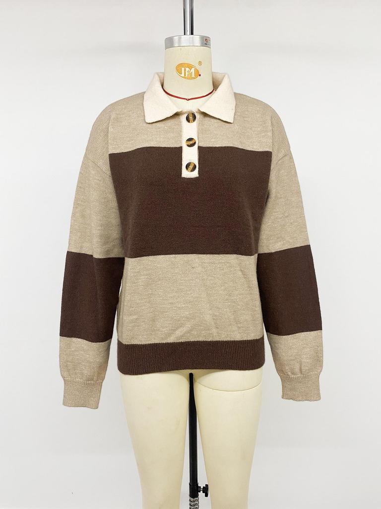 2026 Women's Retro Stripe Polo Collar Knit Sweater - Autumn/Winter Long Sleeve