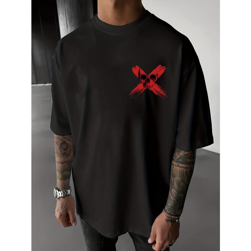 Round Neck T-Shirt - X Skull Print T-Shirt, Loose Fit, Breathable And Comfortable, Short Sleeves, Perfect for Halloween Gifts