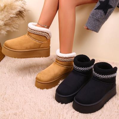 Bottes de Neige Courtes Style Ethnique à Semelle Épaisse Grande Taille pour Femmes Nouvelles Bottines d'Hiver Chaudes en Coton