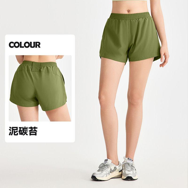 

Export New Cool Feeling Sports Shorts Women s Fake Two-Piece Fashion Tape Pocket Fitness Pants Back Waist Handkerchief Hole Yoga Shorts Carbonaceous Moss L
