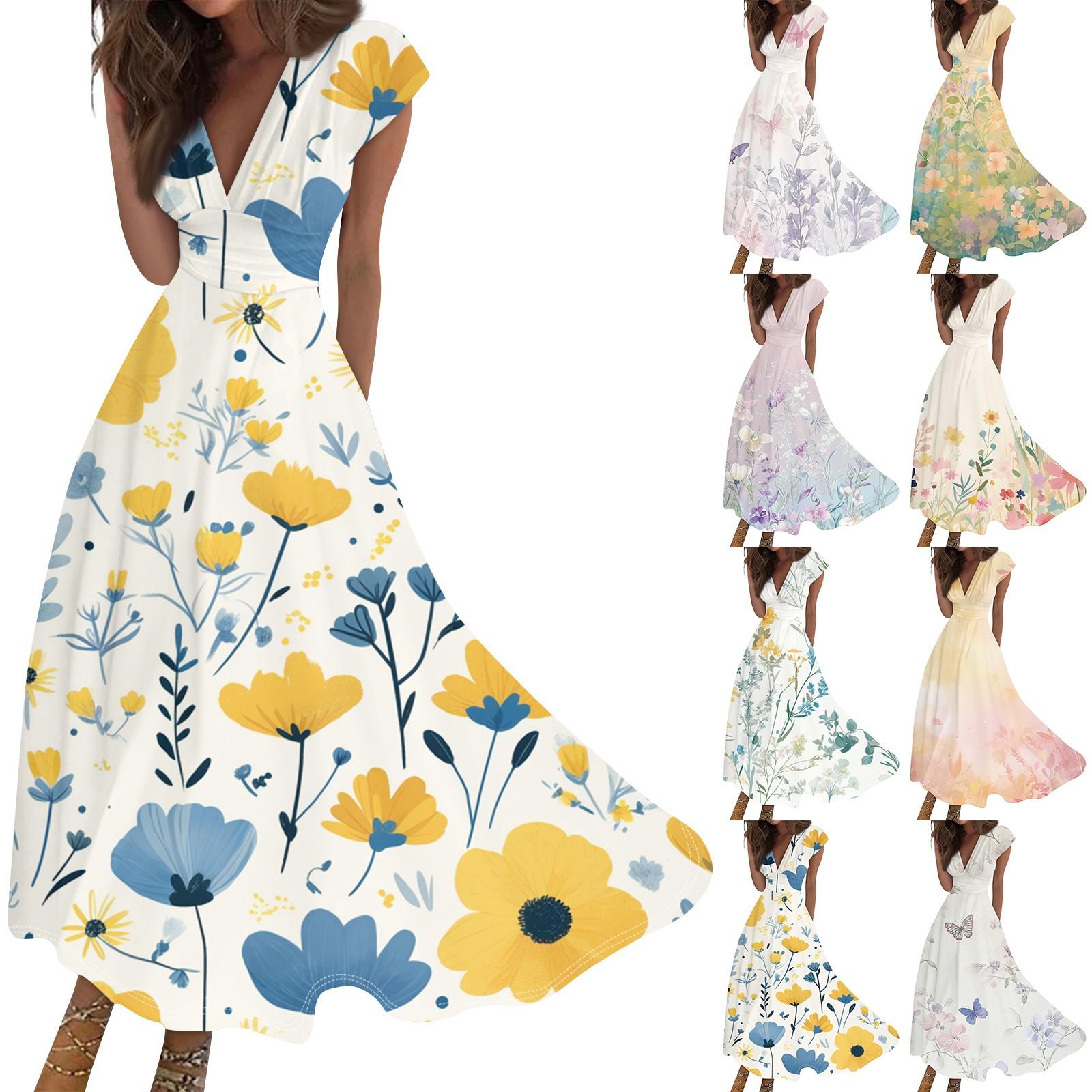 

Women s Long Casual Dress Summer Short-Sleeve V-Neck Waist Retraction Printed Dress S