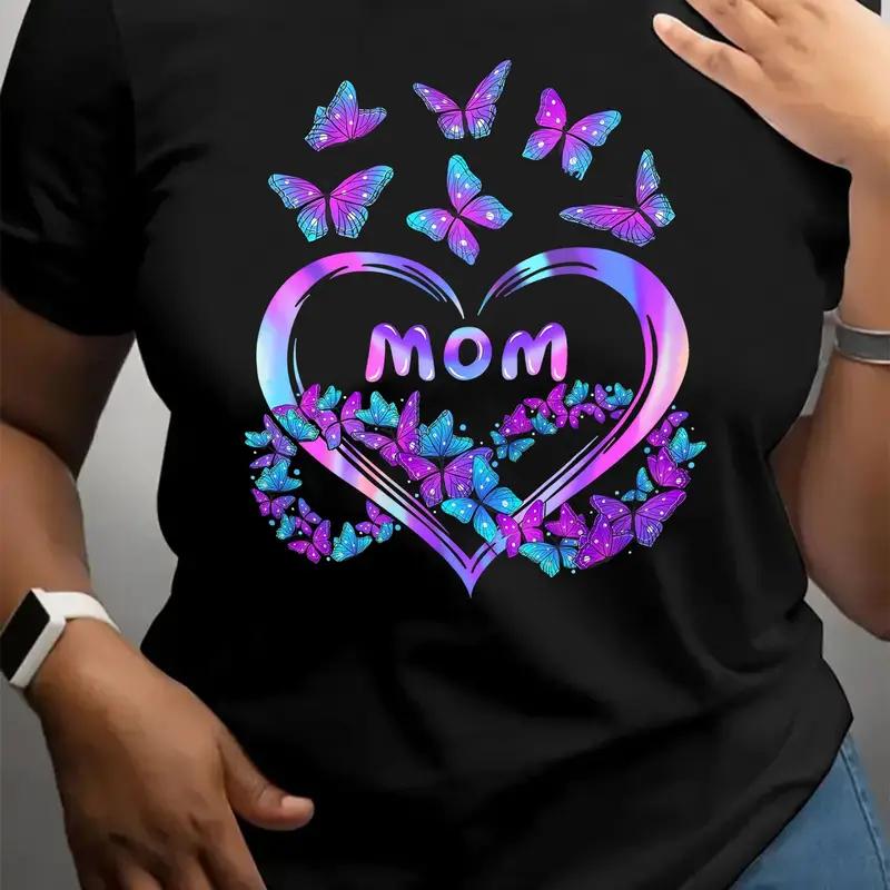 Mom  Butterfly Print TShirt Casual Crew Neck Short Sleeve Top Summer Womens Clothing casual black short sleeved printed top S
