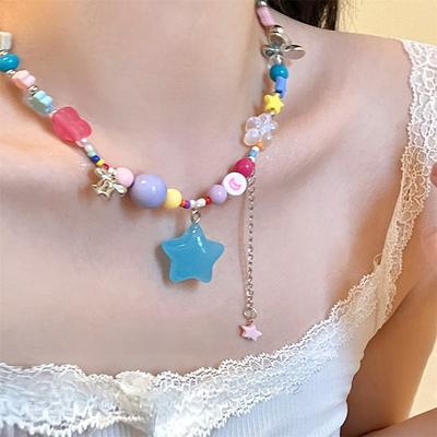 Candy Seaside Colored Beaded Necklace Cute Stars Dopamine Accessories Sweet Cool Babes Y2k Collarbone Chain