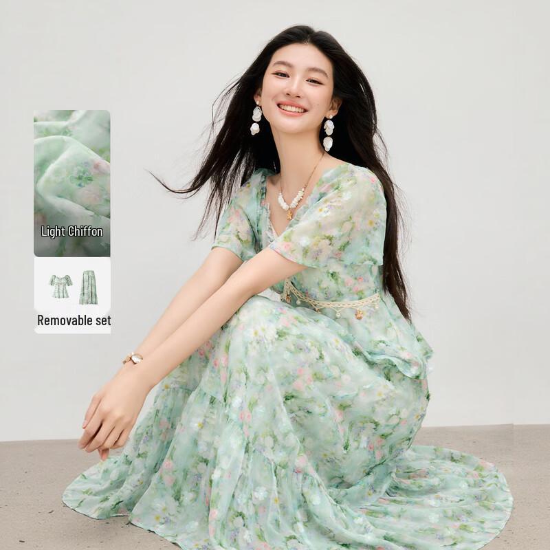 Qiushui Yiren V-neck Puff Sleeve Off-Shoulder Two-Piece Skirt Set XL