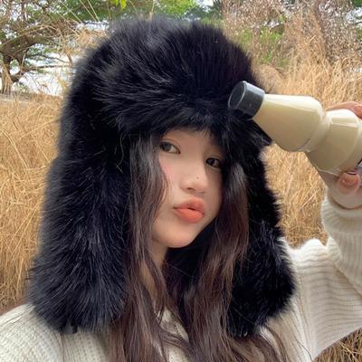 Women Winter Imitation Mink Lei Feng Hat Solid Color Plush Hat Thickened Warm Ski Coldproof Earflap Hat