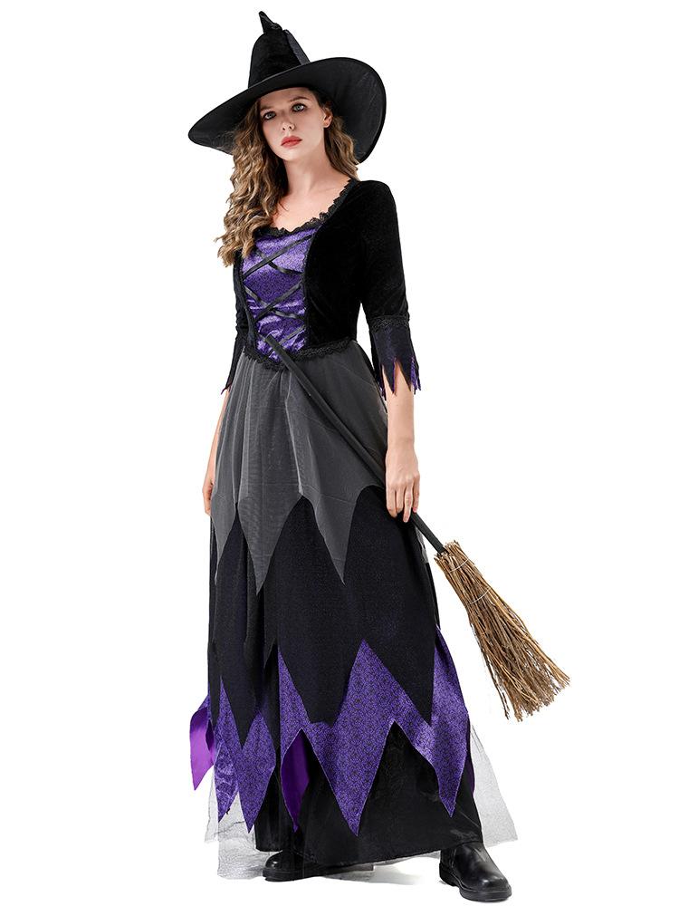 Halloween Witch Costume Vampire Black Purple Magic Dress Cosplay Stage Outfit Gothic Role Play Gown