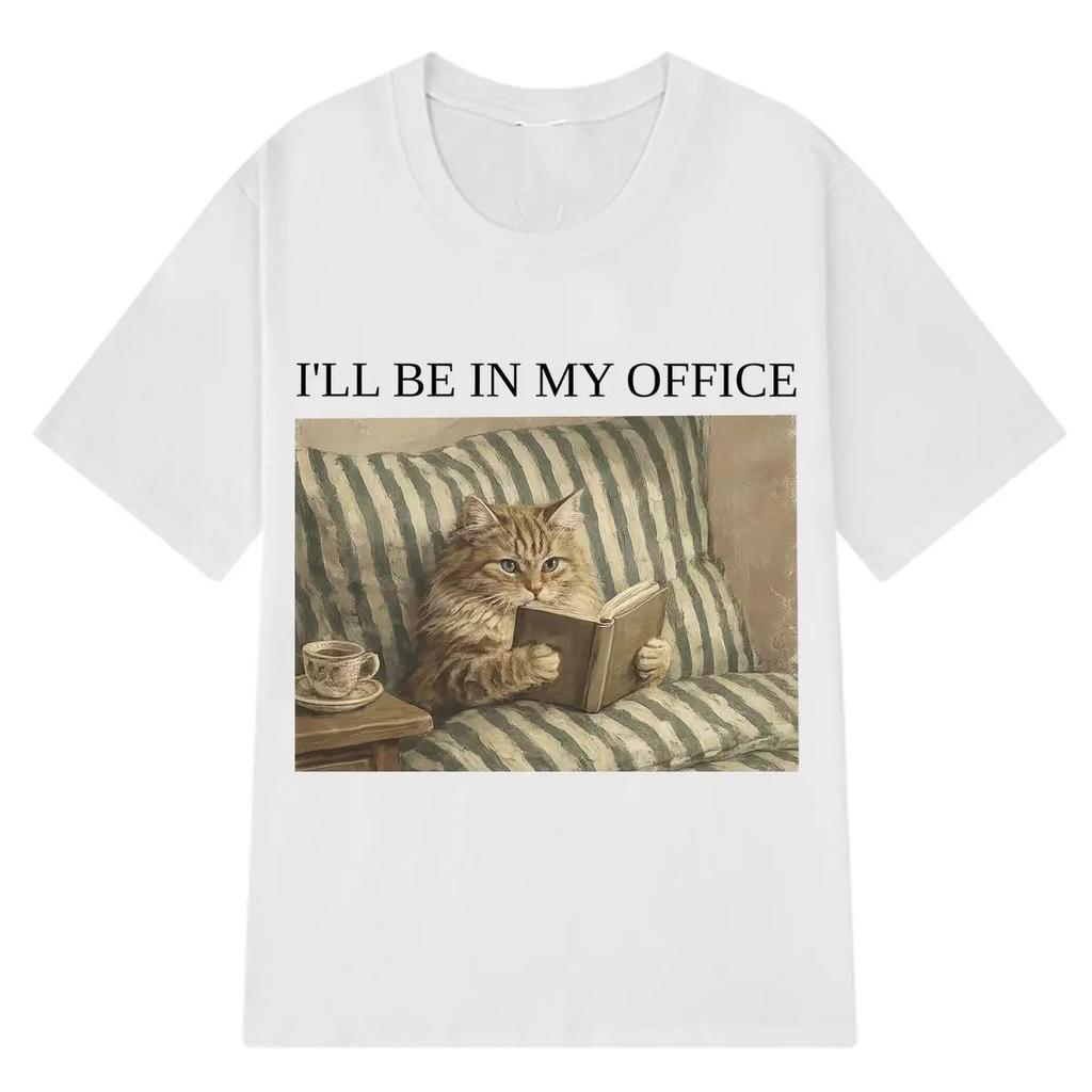 Summer Shortsleeved ILLBe in My Office Cat Funny Book Lover Vintage Cat Tshirt Unisex Fashion Tshirt Loose Casual Tshirts