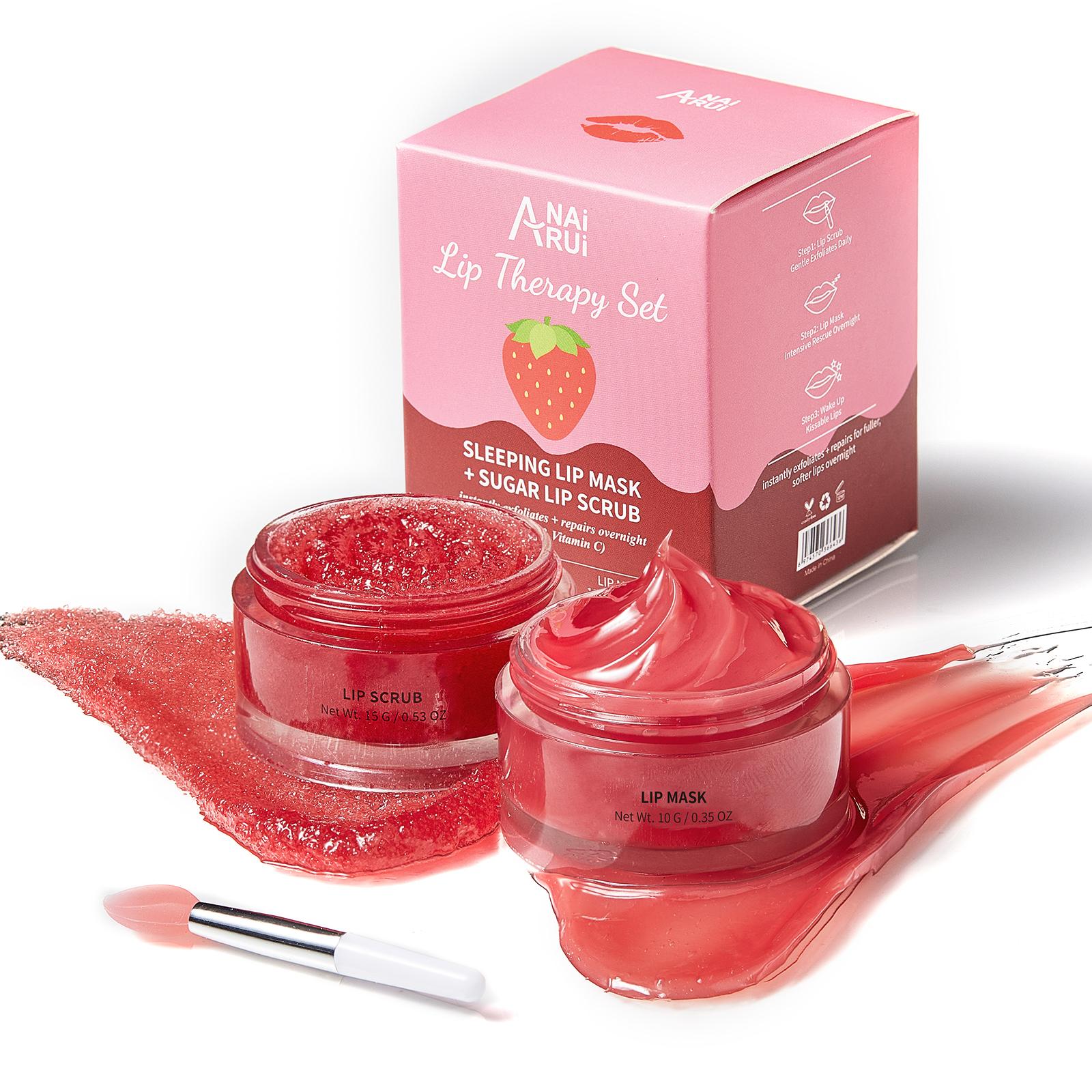 ANAiRUi Strawberry & Vitamin C Lip Scrub & Lip Mask Set, Overnight Hydrating Lip Treatment Kit 30g