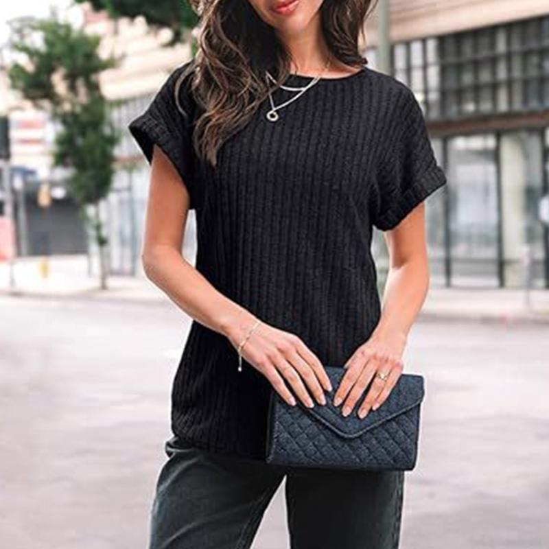 Women's 2025 Short Sleeve Crew Neck T Shirt Casual Loose Ribbed Knit Pullover Sweater Tops Summer Spring Outfits Gifts