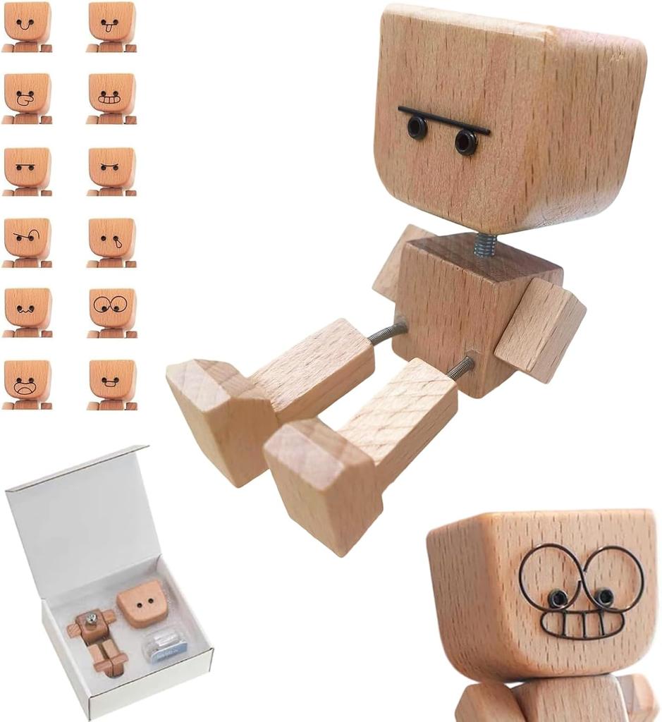 Drewniana figurka tańczącego człowieka, Urocza mała drewniana figurka, która się kiwa, Drewniana lalka z kiwającymi się stopami do deski rozdzielczej samochodu z 12 sztukami magnetycznych śmiesznych wyrazów