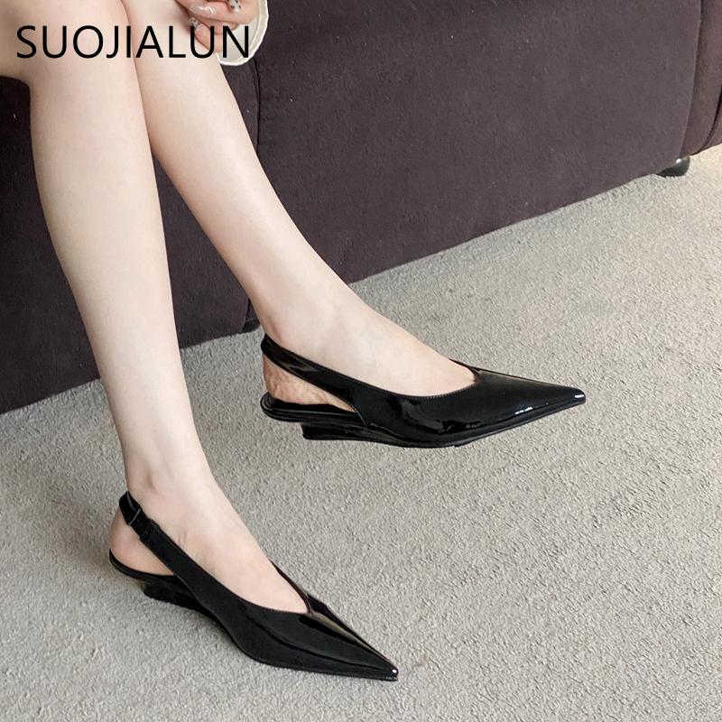Fashion SUOJIALUN 2025 Spring New Brand Women Sandal Fashion Shallow Slip On Ladies Elegant Dress Single Shoes Low Wedge Heel Mules Shoe
