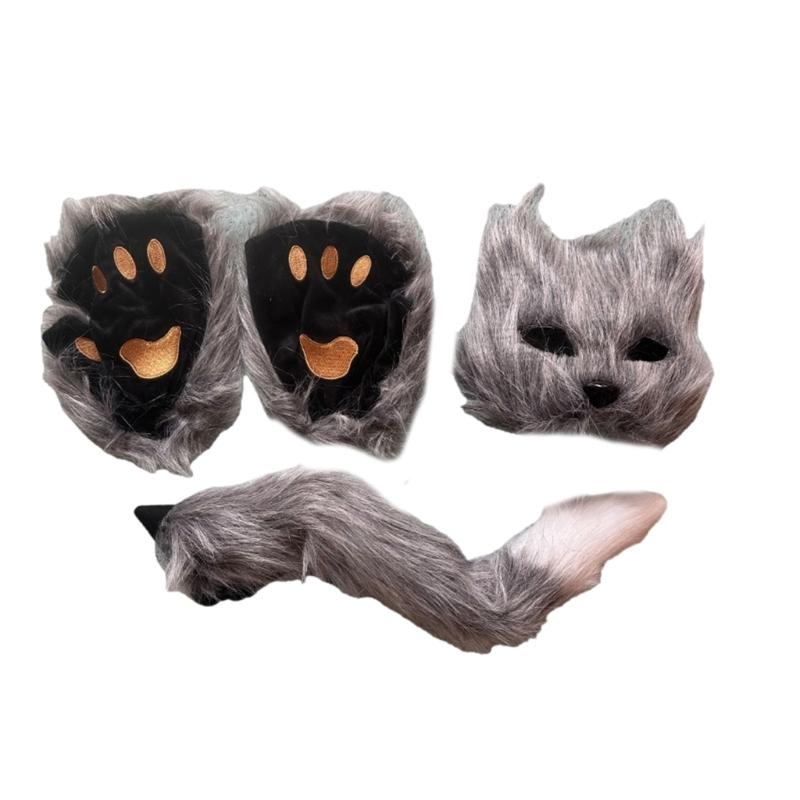 Cats Costumes Cosplay Half Face Cats Mask Cats Paws Gloves Cats Tail Set Halloween Animal Fancy Costume Accessories Kit