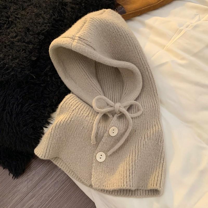 Winter Balaclava Hats Knitted Hooded Caps Women Korean Style Outdoor Warmer Drawstring Hats One-piece Neck Collar Beanies Cap