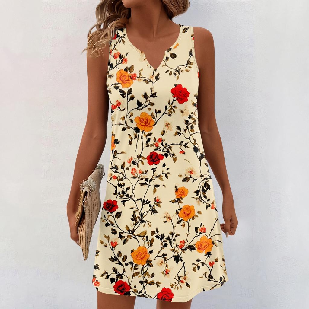 Women Summer Dresses V-Neck Print Sleeveless Sundress Casual Dress