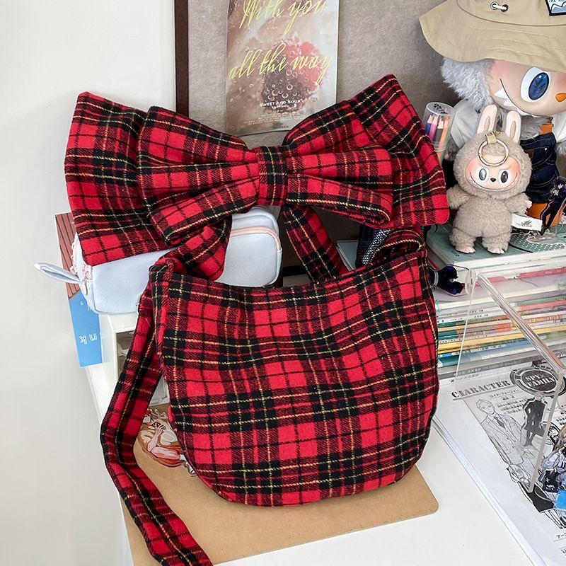 

Sweet Cute Big Bow Crossbody Bag Women Red Plaid Large Capacity Shoulder Bags Ladies Harajuku Exquisite Versatile Daily Tote Bag 33x26x5cm красный