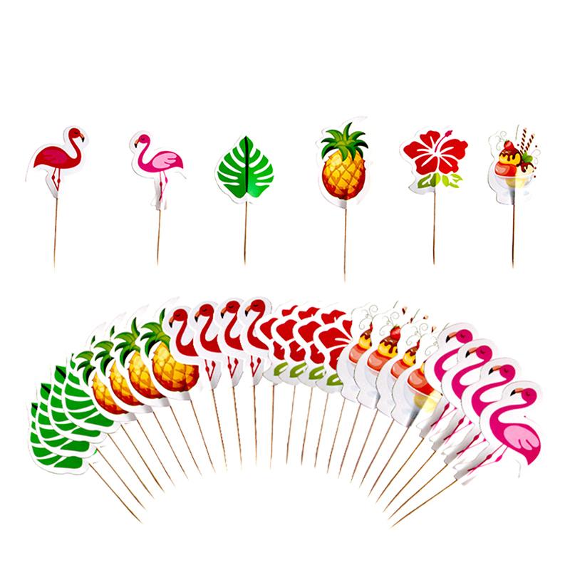 24Pcs Luau Cupcake Toppers Hawaiian Toothpicks With Flamingo Pineapple Palm Leaves Shape Picks Tropical Summer Beach Party Decor