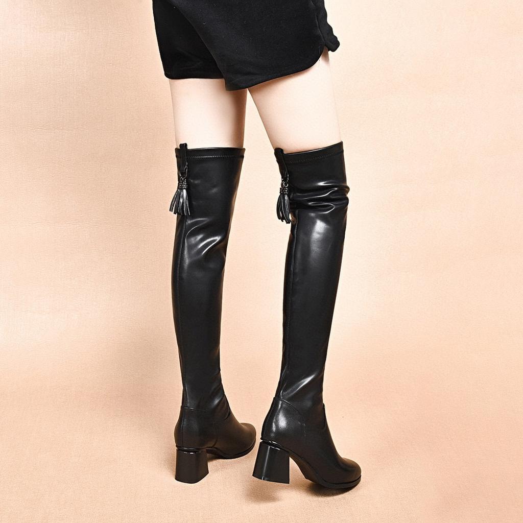 Women's boots 2025 long tube black thin European and American style knee boots comfortable cowhide thin boots three kinds of highly elastic boots