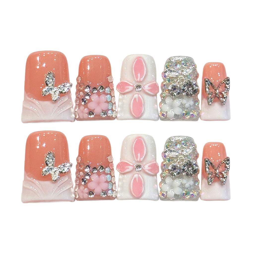 Short Duck Beak French Full Drill Butterfly Fake Nails 10 Pieces Resin Rhinestone Design