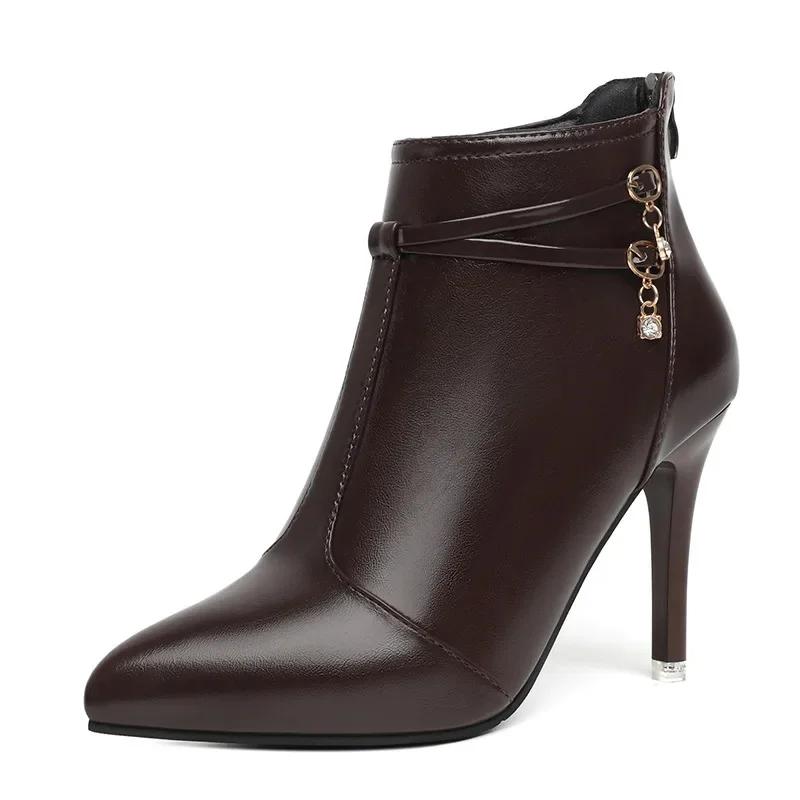 

Элегантные французские ботильоны с острым носком, женская модная обувь, ботильоны большого размера на высоком каблуке, зимняя резиновая подошва 41 коричневый