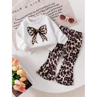 Printed Bowknot Top and Leopard Flared Pants Two-Piece Set Children's Clothing