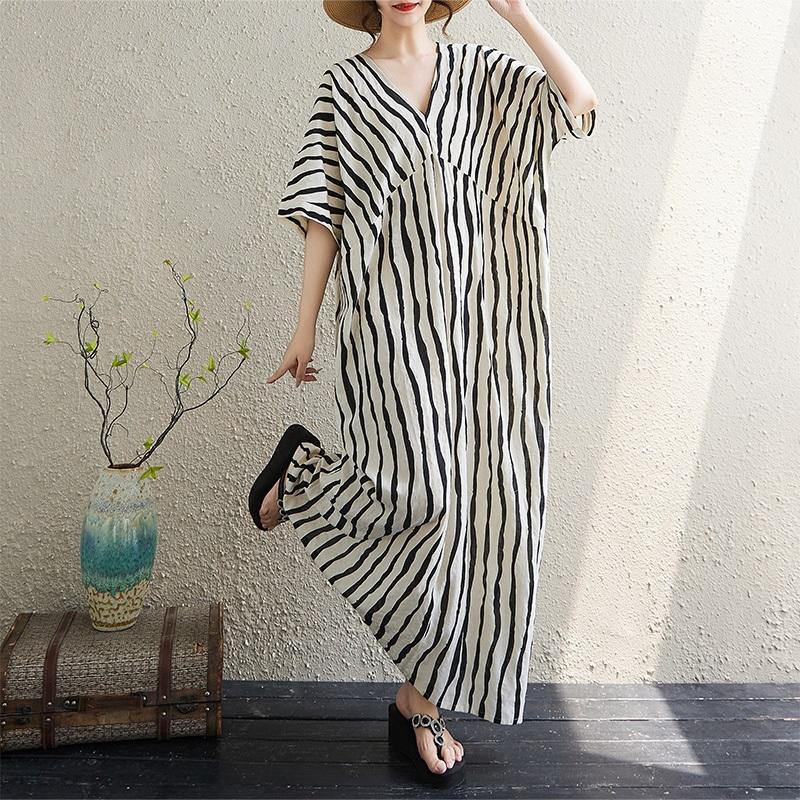 Short Sleeve Plus Size Cotton Vintage Stripe New In Dresses for Women Casual Loose Long Summer Dress