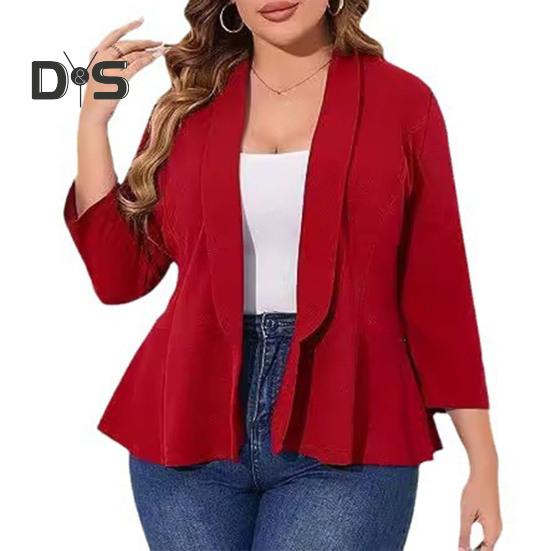 Plus Size Women Suit Coat Lapel Long Sleeve Ruffle Hem Open Front Suit Jacket Solid Color Versatile Business Outerwear
