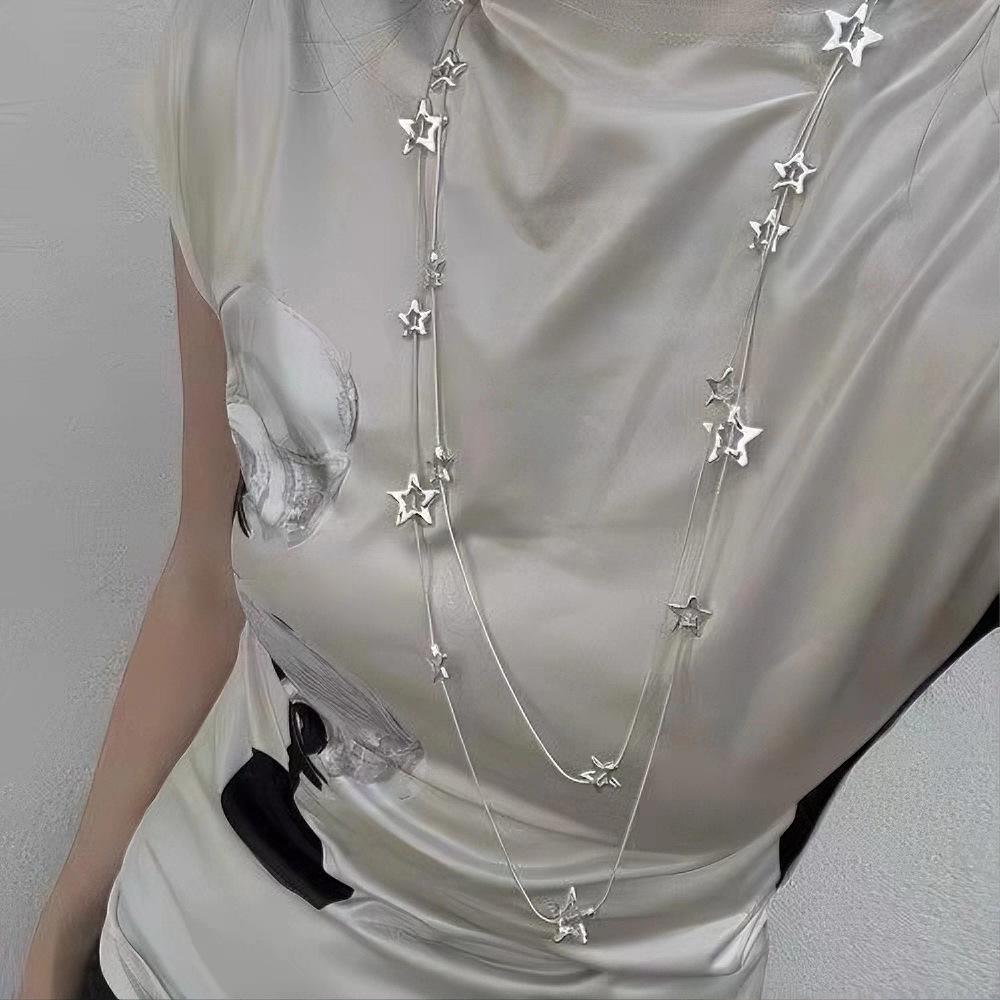 Retro Double-Layer Stacked Star Necklace Female Long High-End Niche Design Sweater Chain Accessories Light Luxury Collarbone Chain