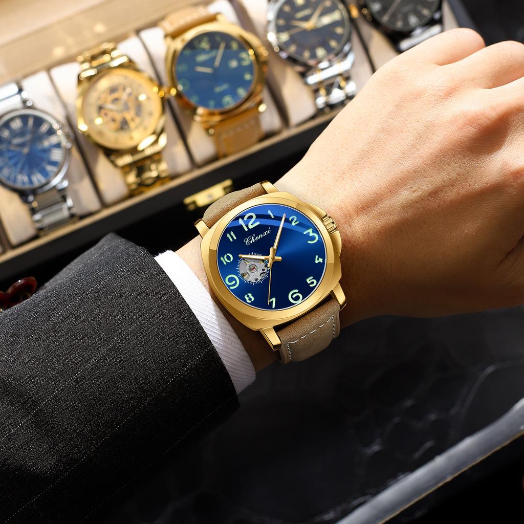 CHENXI 8854 New Band Watches 45mm Men Watch Stainless Steel case Men's Vintage Mechanical Watch SKY BLUE Dial Leather Bracelet