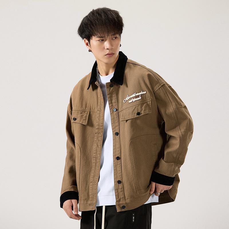 Long Sleeve Splicing Washed Towel Embroidery Design Denim Jacket Men'S American Retro Trend Printing Loose Jacket Men'S