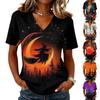 Women's Casual Short Sleeve Halloween Print V Neck Pullover Top Lightweight Comfortable Fit Seasonal Graphic Tee for Everyday Wear