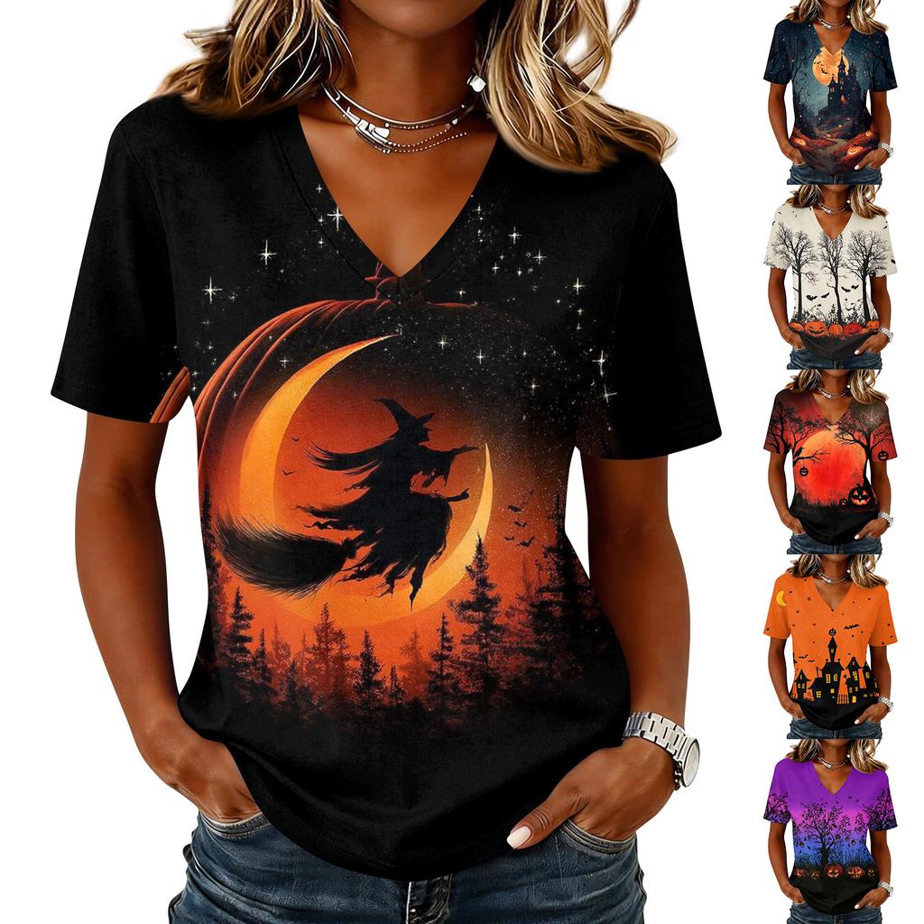 Women's Casual Short Sleeve Halloween Print V Neck Pullover Top Lightweight Comfortable Fit Seasonal Graphic Tee for Everyday Wear