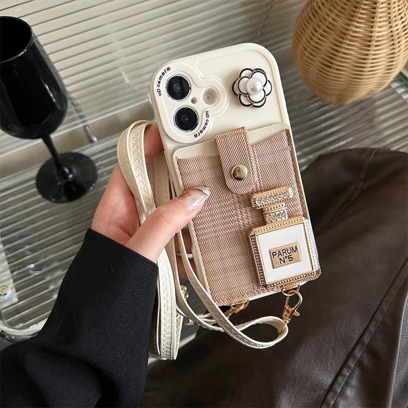 

Дзеркало у формі флакона парфумів, гаманець-картхолдер для iPhone16promax, шнурок-месенджер для Apple 17 Камелія For iPhone 16Pro