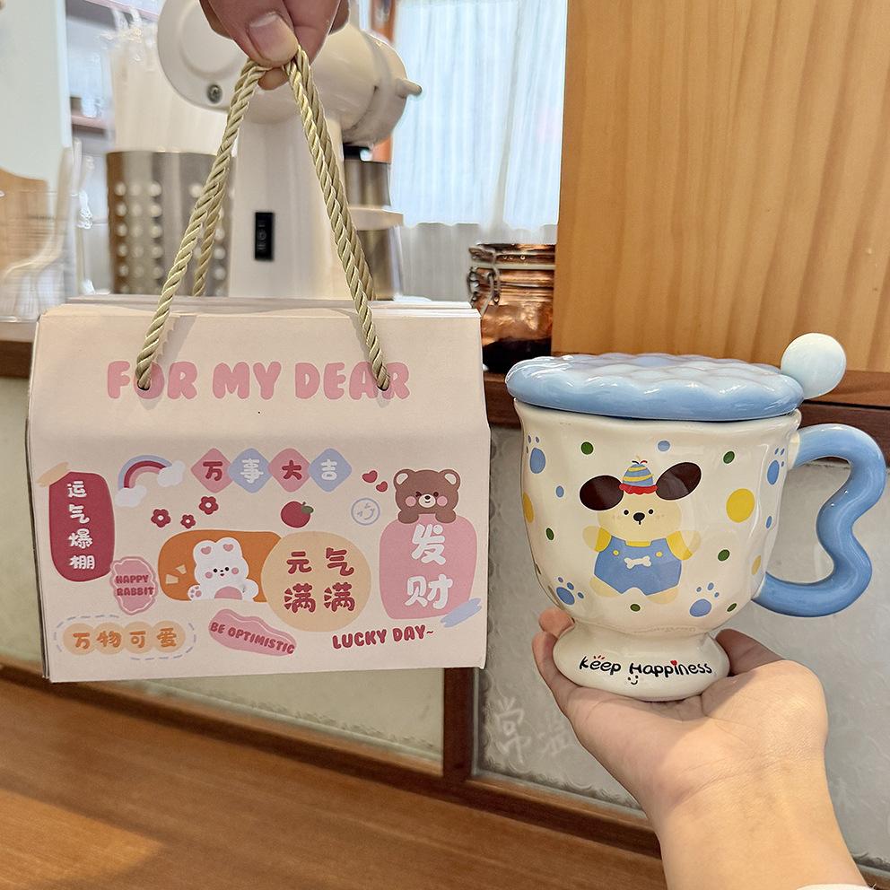 Mugg av hög kvalitet med lock och sked, söt kanin keramikmugg, par vattenkopp, praktisk födelsedagspresent till flickor
