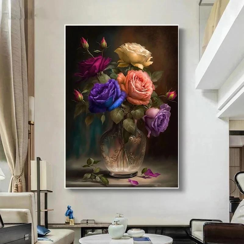 Europa Classico Vintage Fiore Pittura su Tela Decorazione Murale Natura Morta con Fiori in Vaso di Vetro Poster Artistico Nordico Stampa Immagine