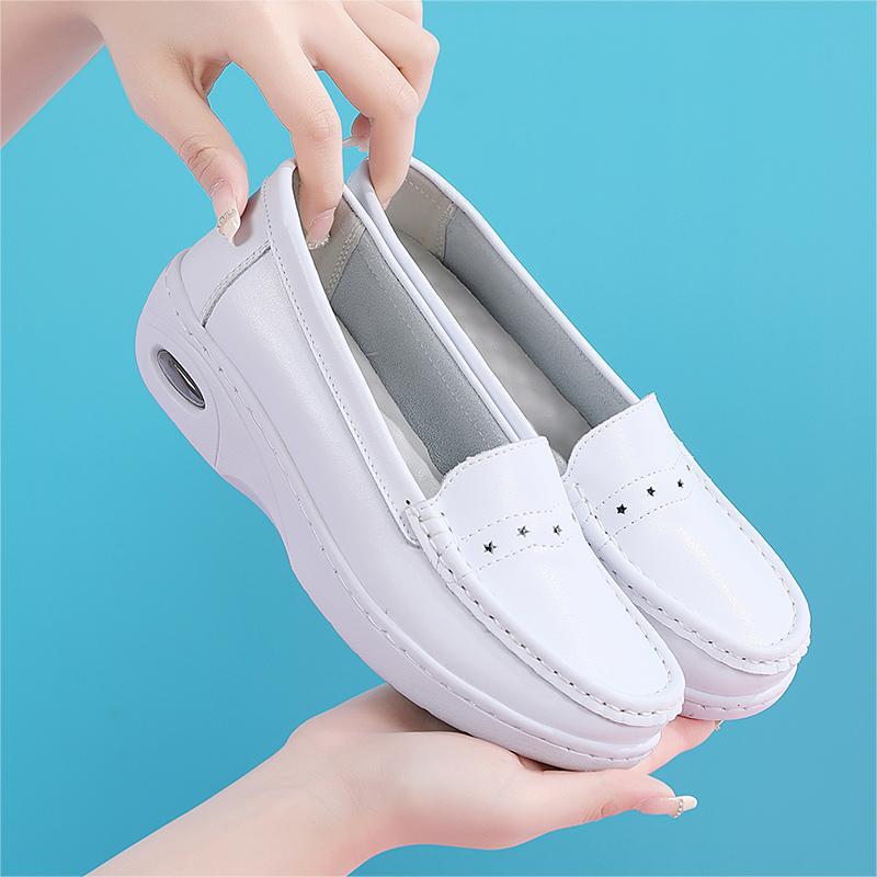 Fashion New Women Flat Genuine Leather Nurse Shoes Casual White Wedge Soft Bottom Slip On Moccasins Comfortable Hollow Out Work Shoes