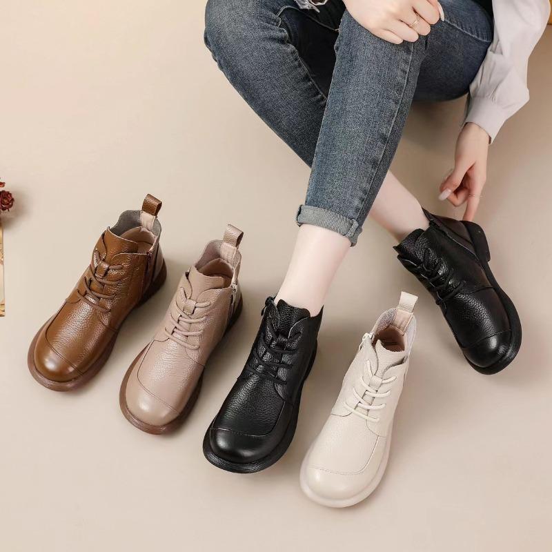 Cowhide Martin boots autumn and winter women's flat-bottomed soft-faced first-layer cowhide short boots comfortable boots