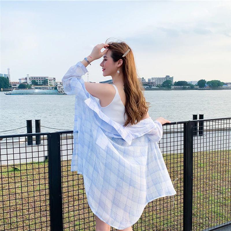 Über das Knie Lange Sonnenschutzkleidung Damen Locker Übergroß MM Karomuster Chiffonhemd Sonnenschutzkleidung Großer Lockerer Langer Mantel