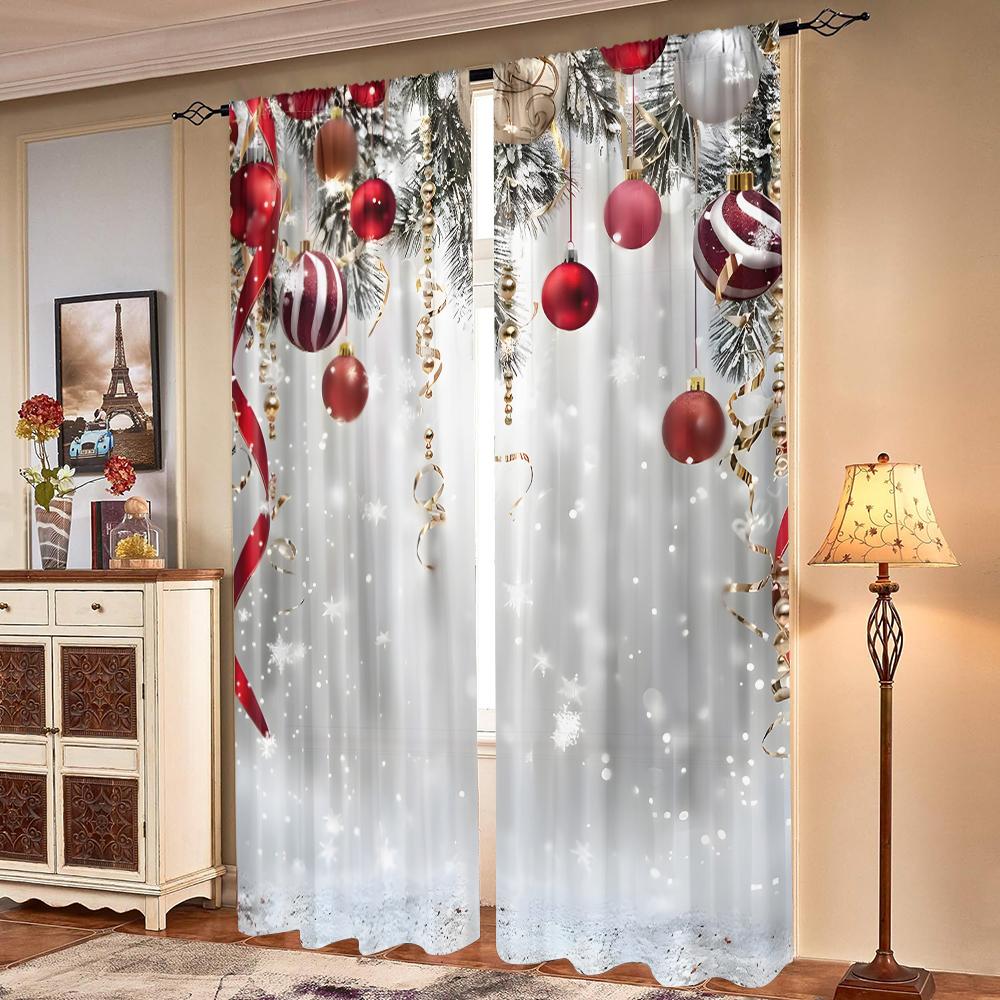 2 sztuki, świąteczne zasłony z gałązek sosnowych i kolorowych kul - półzaciemniające - odpowiednie do salonu, sypialni, kuchni, dekoracji domu