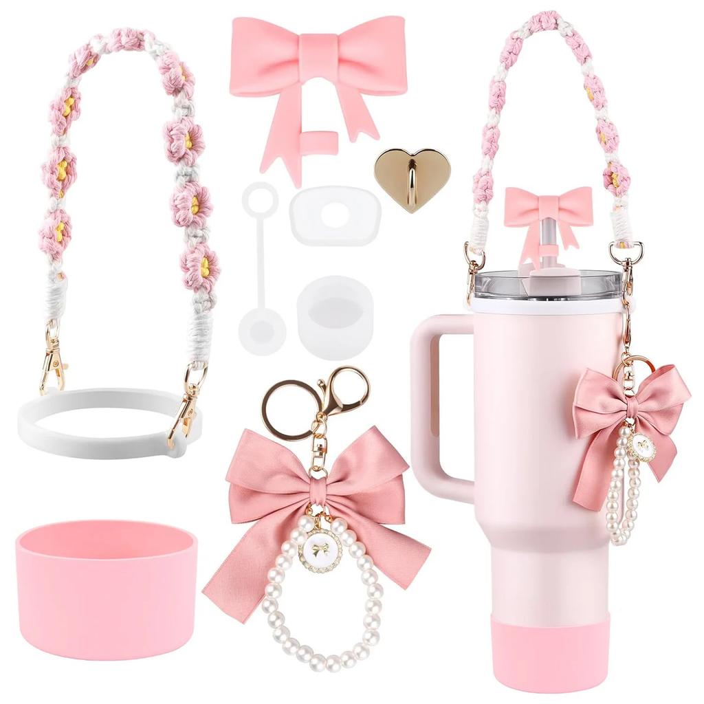 9pcs Accessories Set for Stanley Cup Water Bottle Handle Strap Boot Bow Straw Cover Pearl Charms Straw Topper 40oz 30oz Tumbler