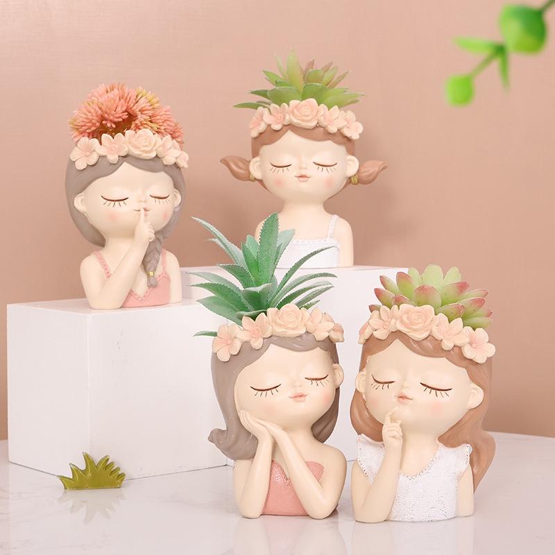 Cute Girl Flower Pot Succulent Pot Resin Planter Home Decoration Desktop Ornaments Garden Supplies Bonsai Plant Pot