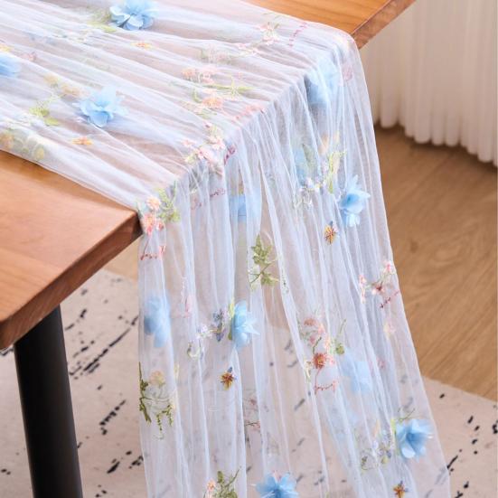 Elegant Birthday Table Decor Lace Embroidery Floral Tablecloth, 3D Flower Tulle Sheer Cover, Seasonal Tablecloth for Party Colorful Cloth Wedding
