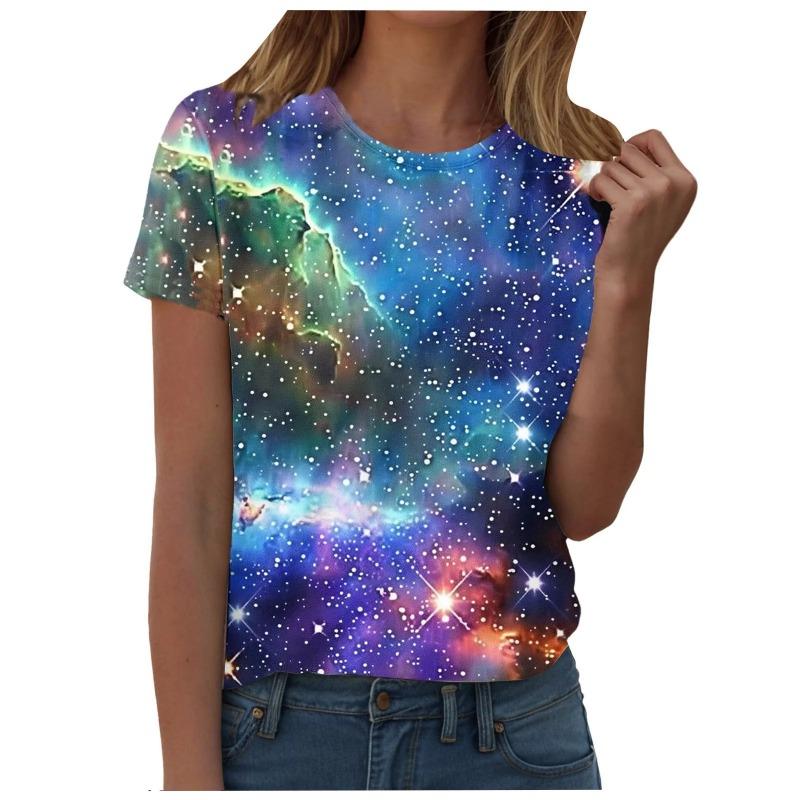 Summer Tops for Women Casual Galaxy Shirt Women Galaxy Print T Shirts Glitter Shirts Blouse Fashionable Starry Plain Shirt