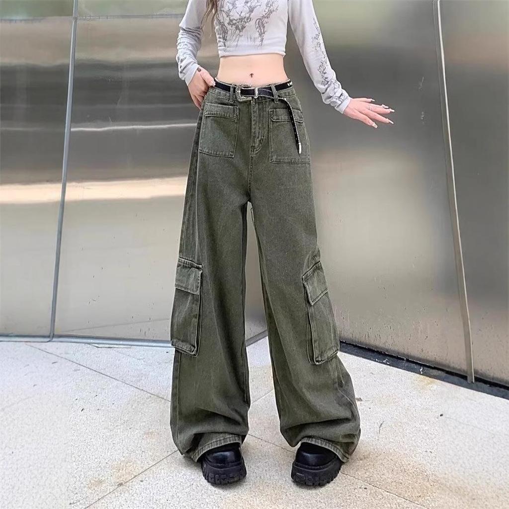 Plus Size High Waist Army Green Slimming Cargo Pants - 2024 Hip-Hiding Loose Straight Leg Jeans